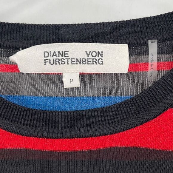 Diane Von Furstenberg Red Black Blue Striped Crew Neck Tunic Sweater Size XS/SM - Picture 2 of 6